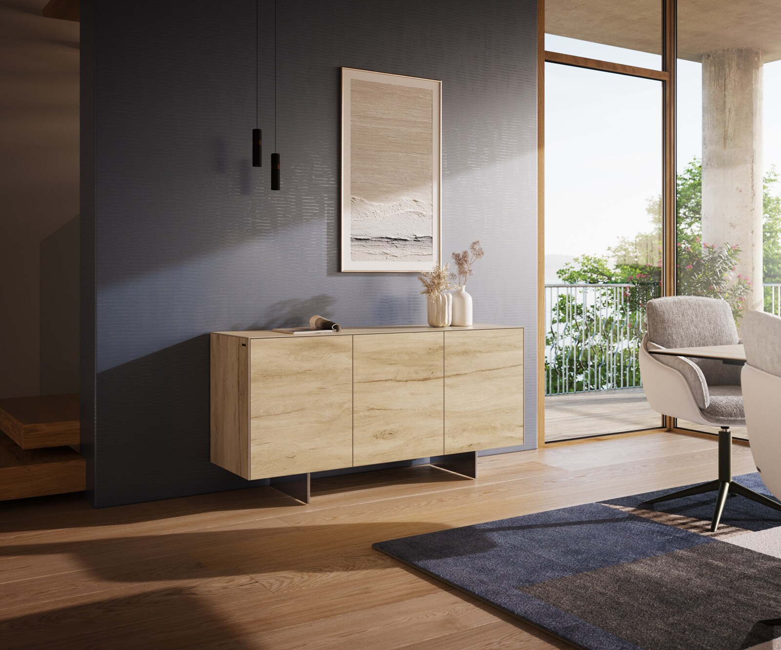 Buffet Cuor 150 cm Céramique Laminam® Sabbia Teinte chêne 3 Portes Pied optique flottant Ancier inoxydable 1