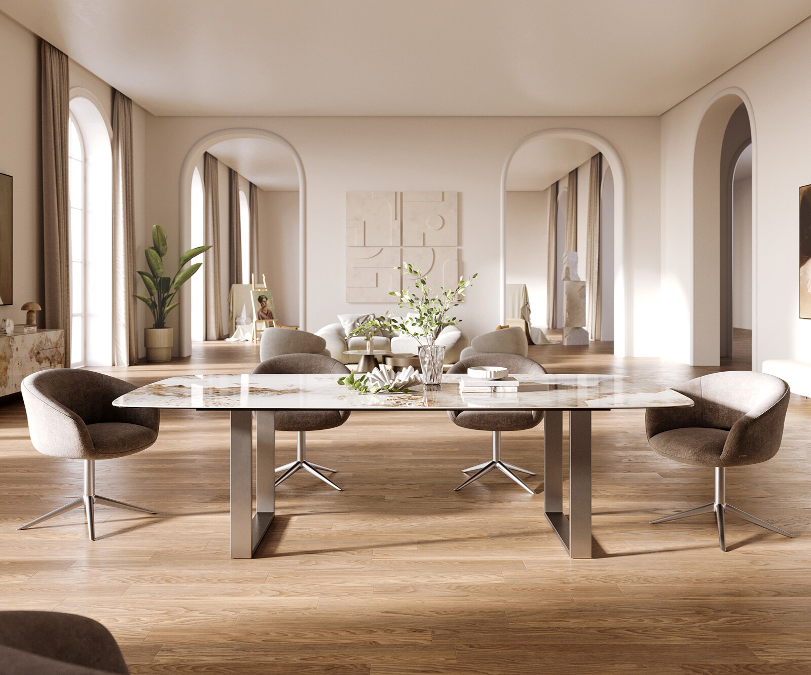 Esstisch Edge Boot 260x120 cm Keramik Minas Melange Weiß-Beige Edelstahl Schmal 1