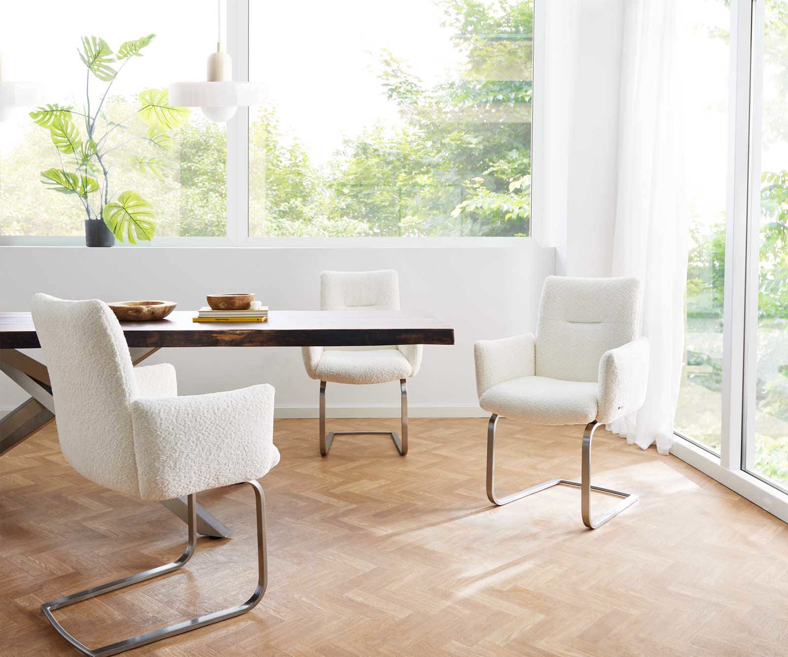 Cantilever Jova-Flex avec accoudoirs bouclé blanc pied cantilever rond acier inoxydable brossé ressorts ensachés 5