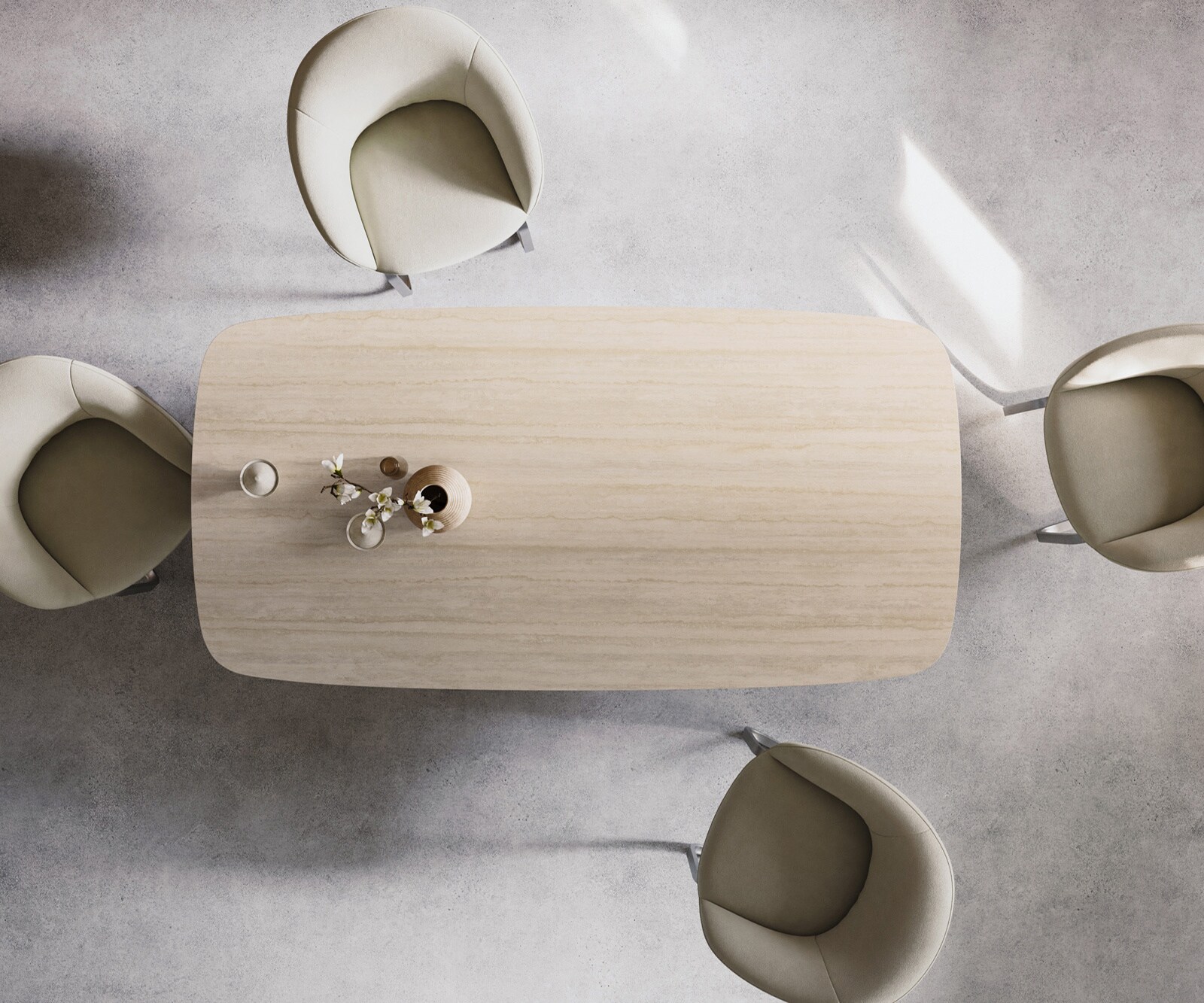 Esstisch Edge Boot 200x100 Keramik Laminam® Travertino Bianco Creme-Weiß Troa Edelstahl gebürstet 5