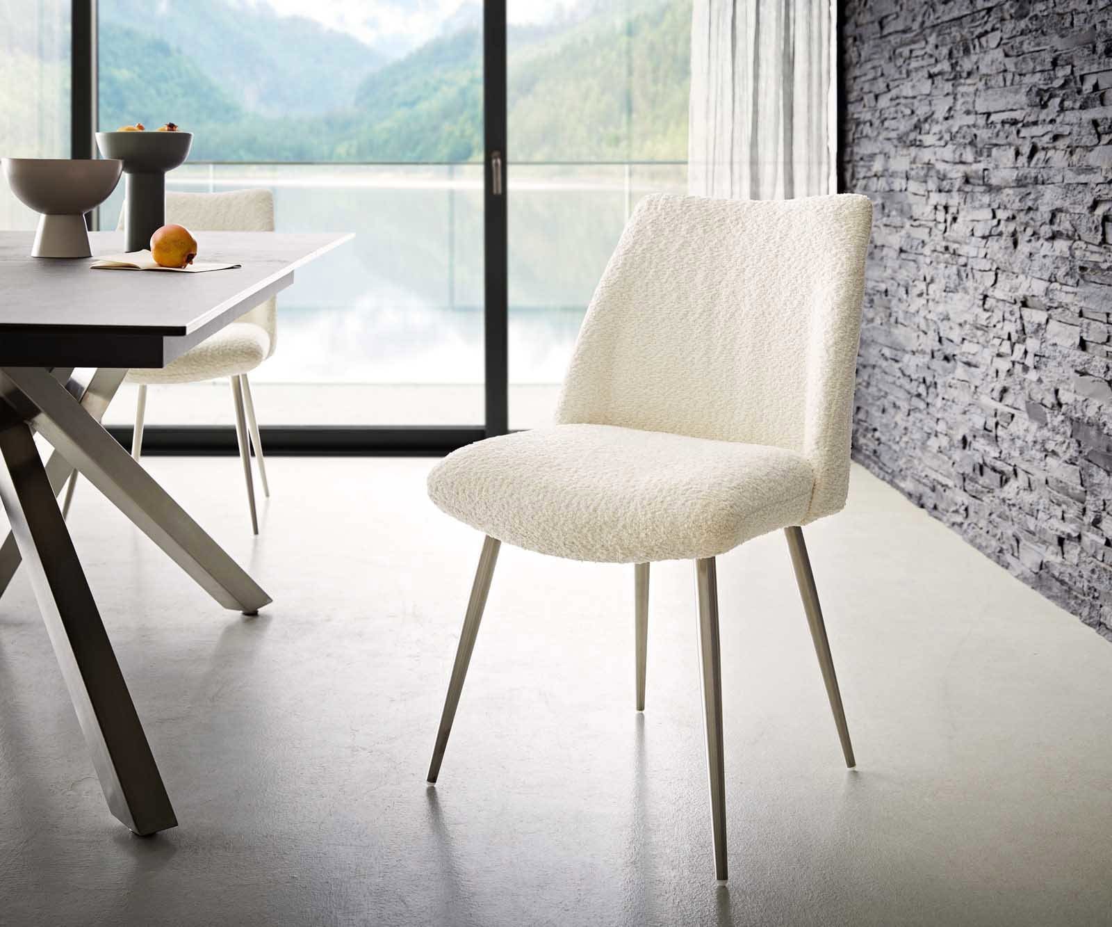 Esszimmerstuhl Elso-Flex Bouclé Weiß 4-Fuß konisch Edelstahl Taschenfederkern Esszimmerstuhl Elso-Flex Bouclé Weiß 4-Fuß konisch Edelstahl Taschenfederkern