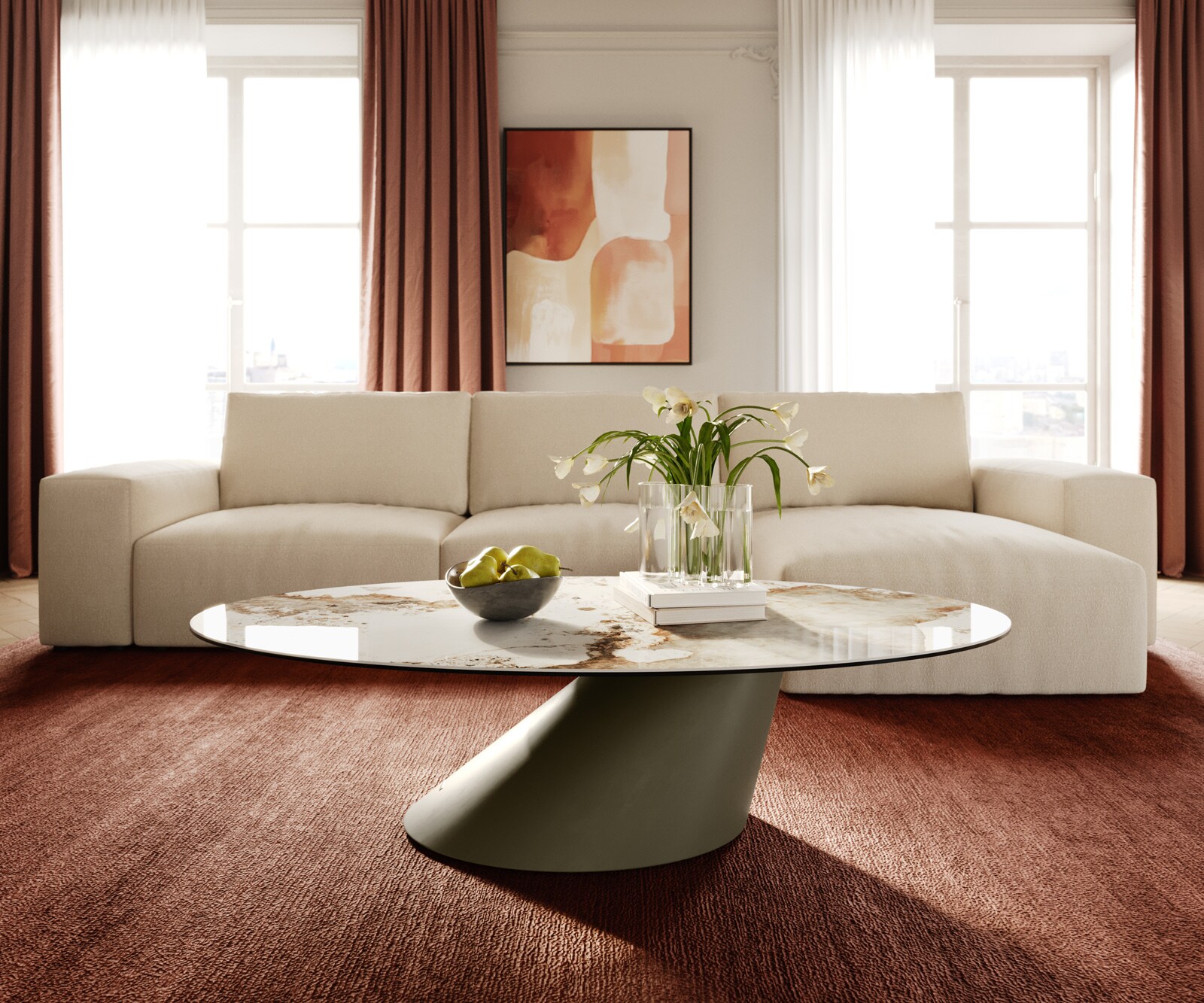 Table basse Edge Oval 140x80 cm céramique Minas Melange Conis Metall finition effet titane 2