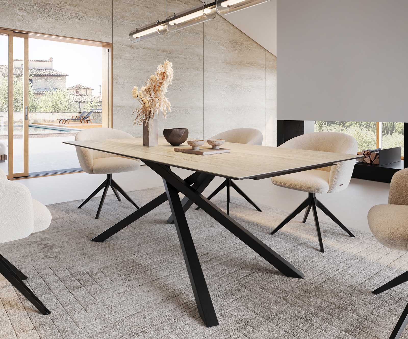 Table à manger Edge 200x100 céramique Travertin nature cadre croisé rectangulaire noir 6