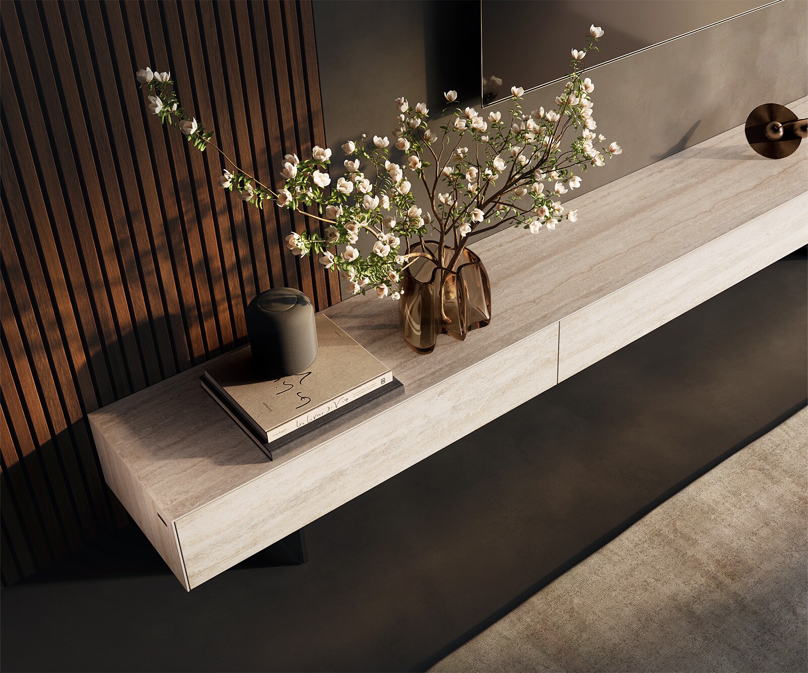 Meuble-TV Cuor 250 cm Céramique Laminam® Travertino Bianco Crème-blanc 1 Clapet 1 Tiroir Pied optique flottant Métal Noir 4