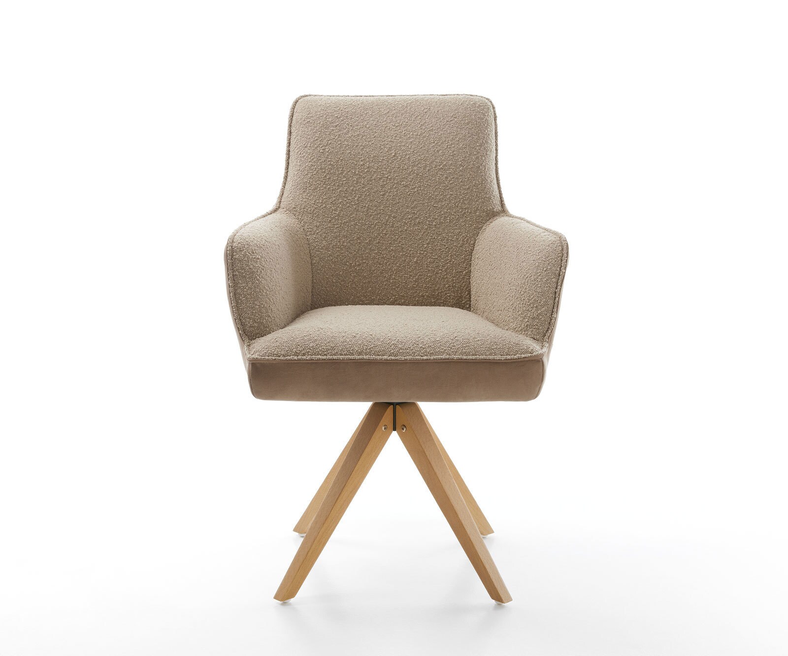 Chaise-pivotante Heira-Flex avec accoudoirs tissu mixte couleur boue pied en bois angulaire naturel pivotement sur 180° ressorts ensachés 2