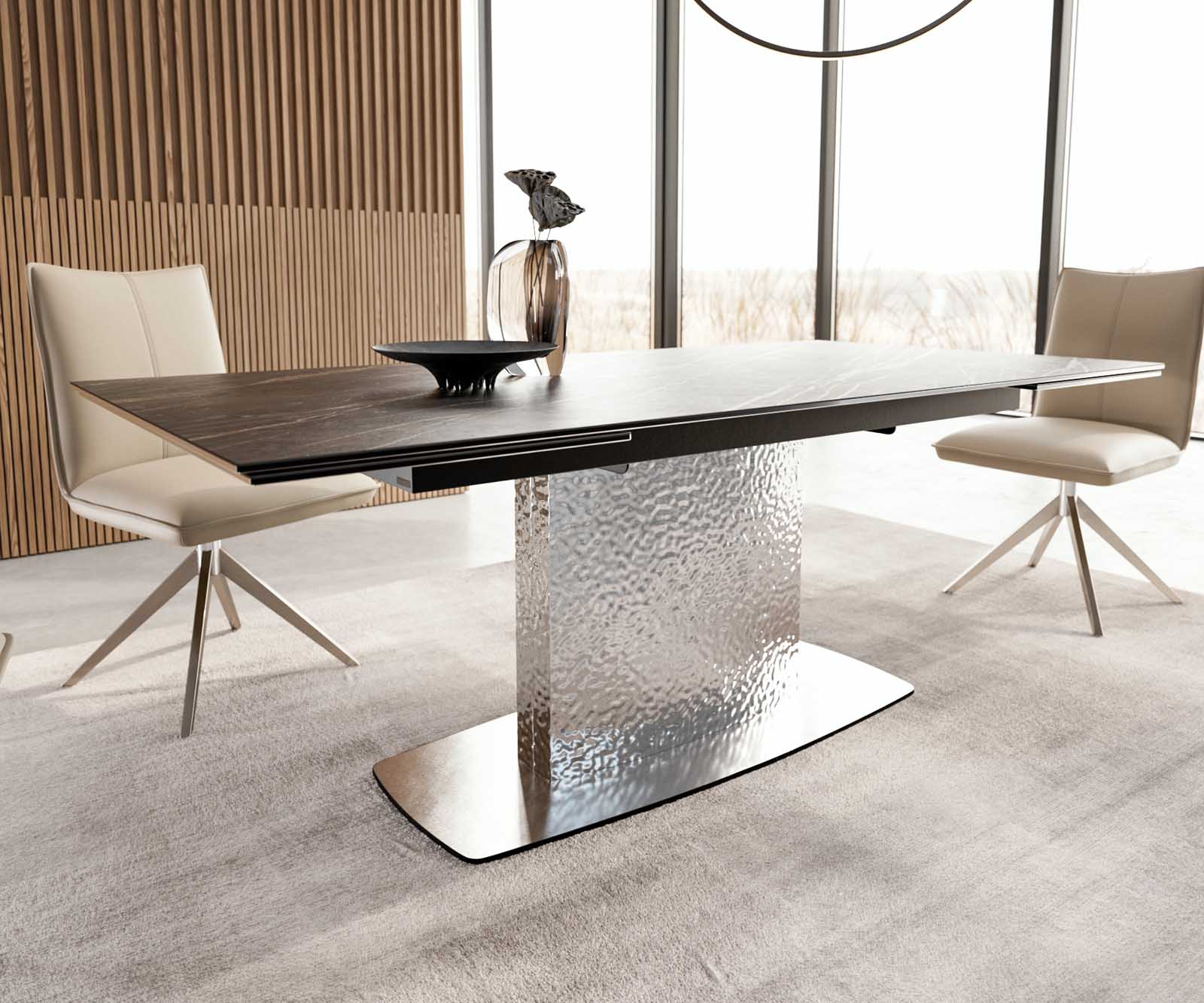 Table à manger Edge 200-300x100 céramique Laminam®Noir Desir marron Wave acier inoxydable extensible 6