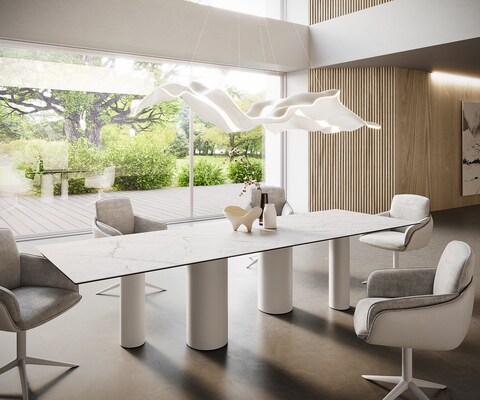 Table à manger Edge 300x100 Céramique Laminam®Statuarietto Blanc Pilier Métal Blanc