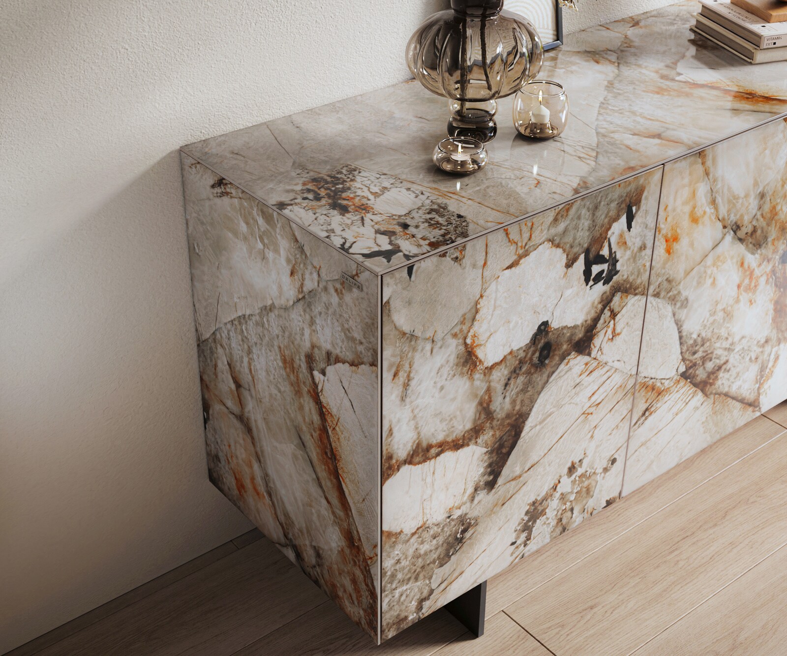 Sideboard Cuor 150 cm Keramik Patagonia Poliert 3 Türen Fuß Schwebeoptik Metall Schwarz 6