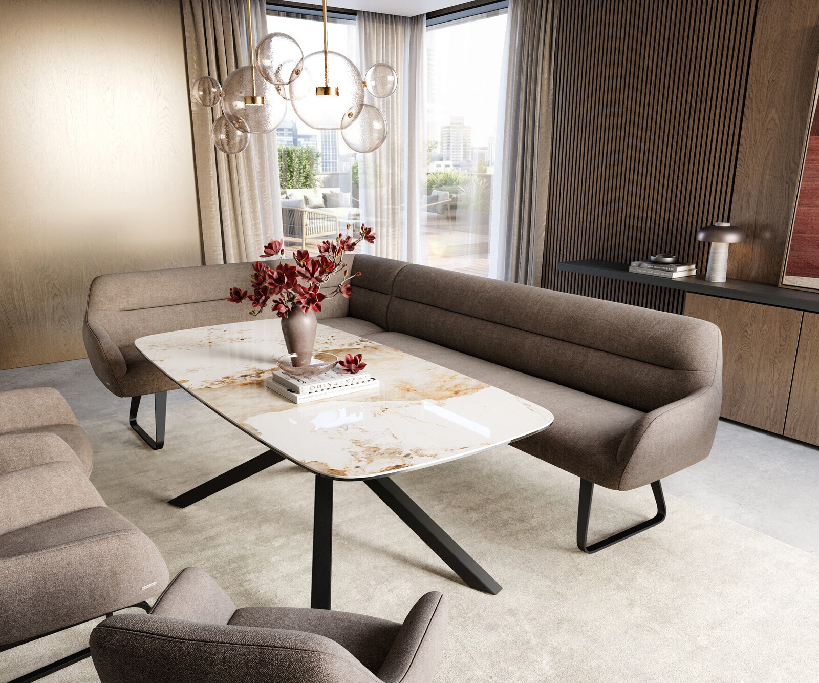 Esszimmerbank Taya-Flex 285x190 cm Strukturstoff Soft Taupe Kufengestell flach Schwarz Taschenfederkern Rechts