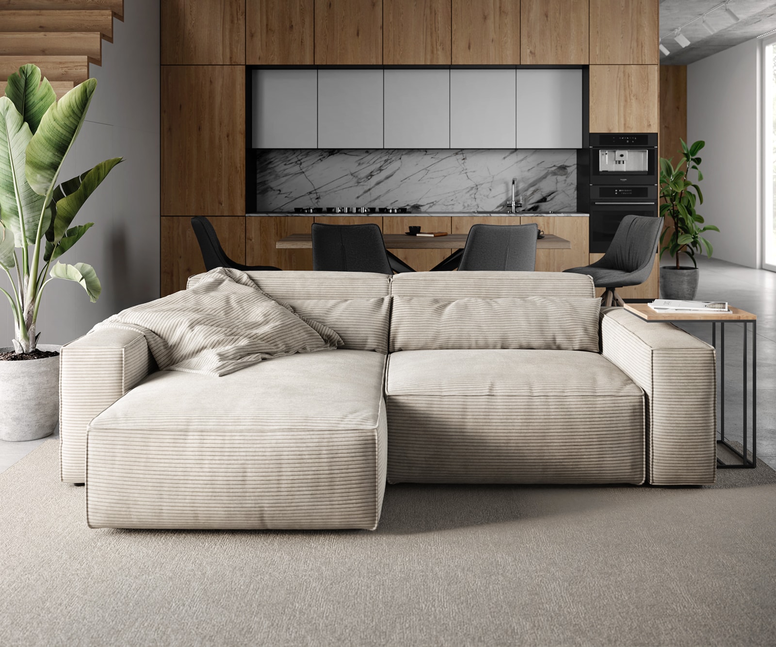 Canapé d'angle Sirpio 230x150 cm Velours côtelé Beige Recamiere variable 2
