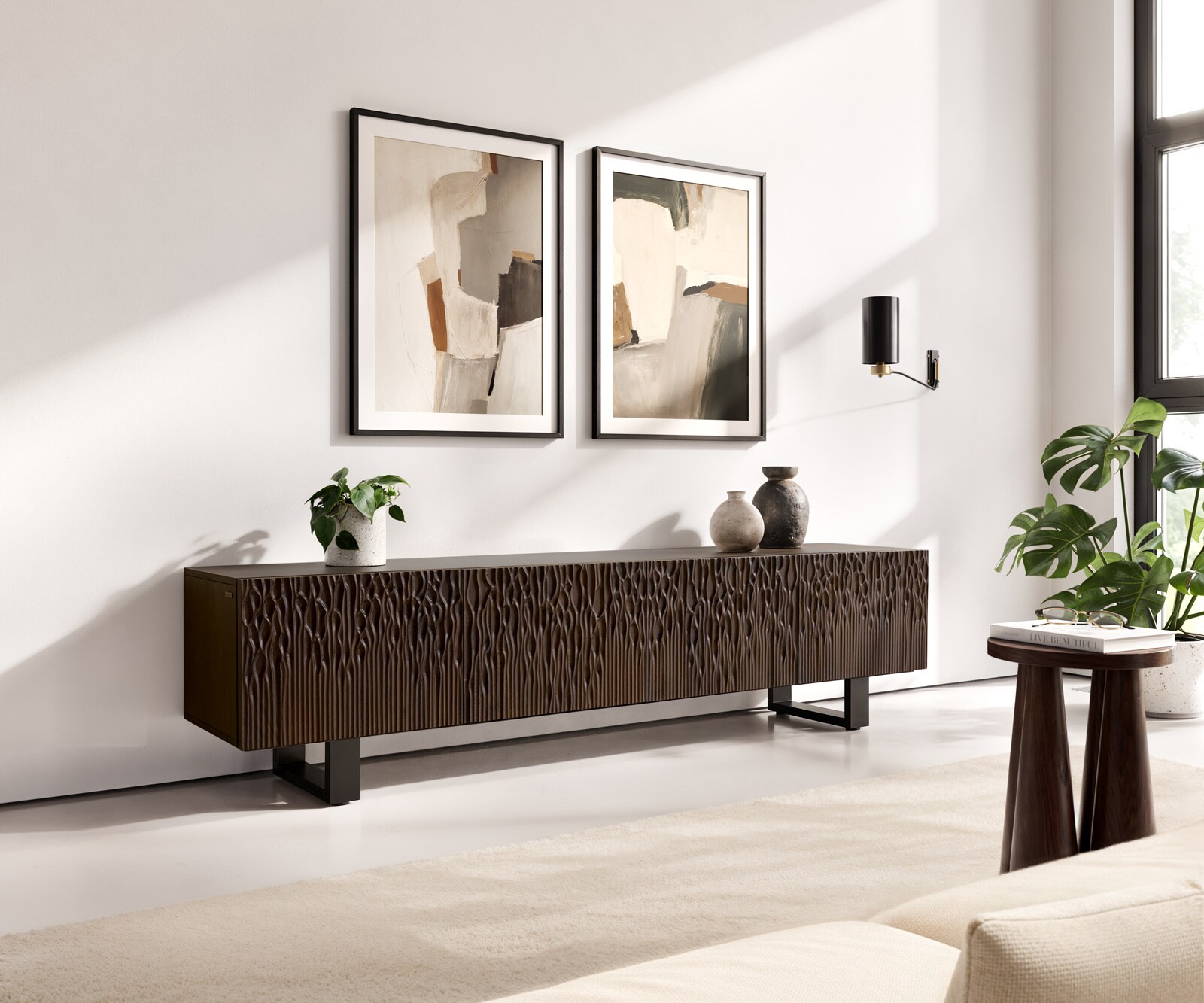 Lowboard Follia 200 cm Mango Braun 4 Türen Kufe Metall Schwarz