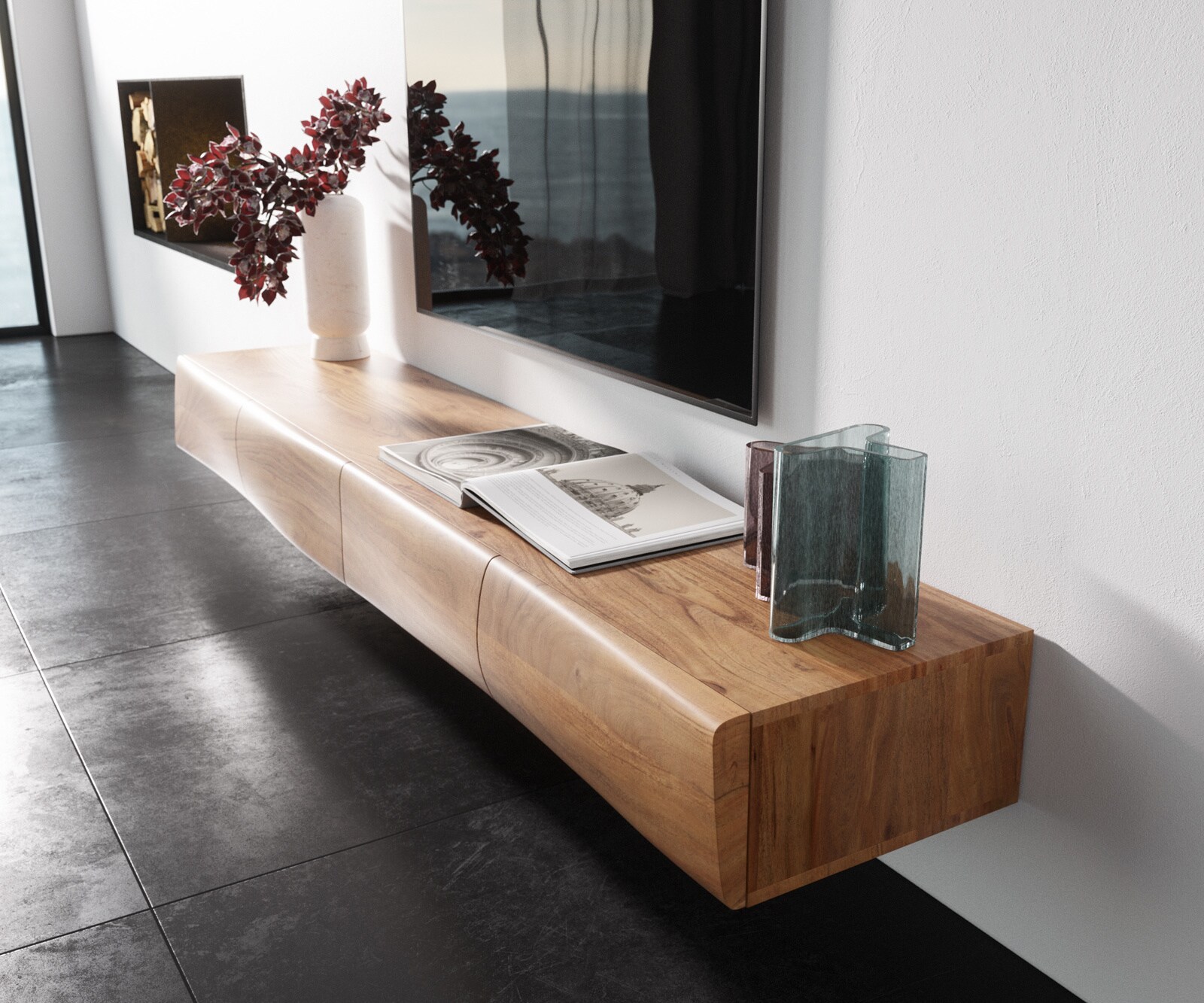 Meuble-TV  New Live-Edge 200 cm acacia naturel 4 portes flottantes 1