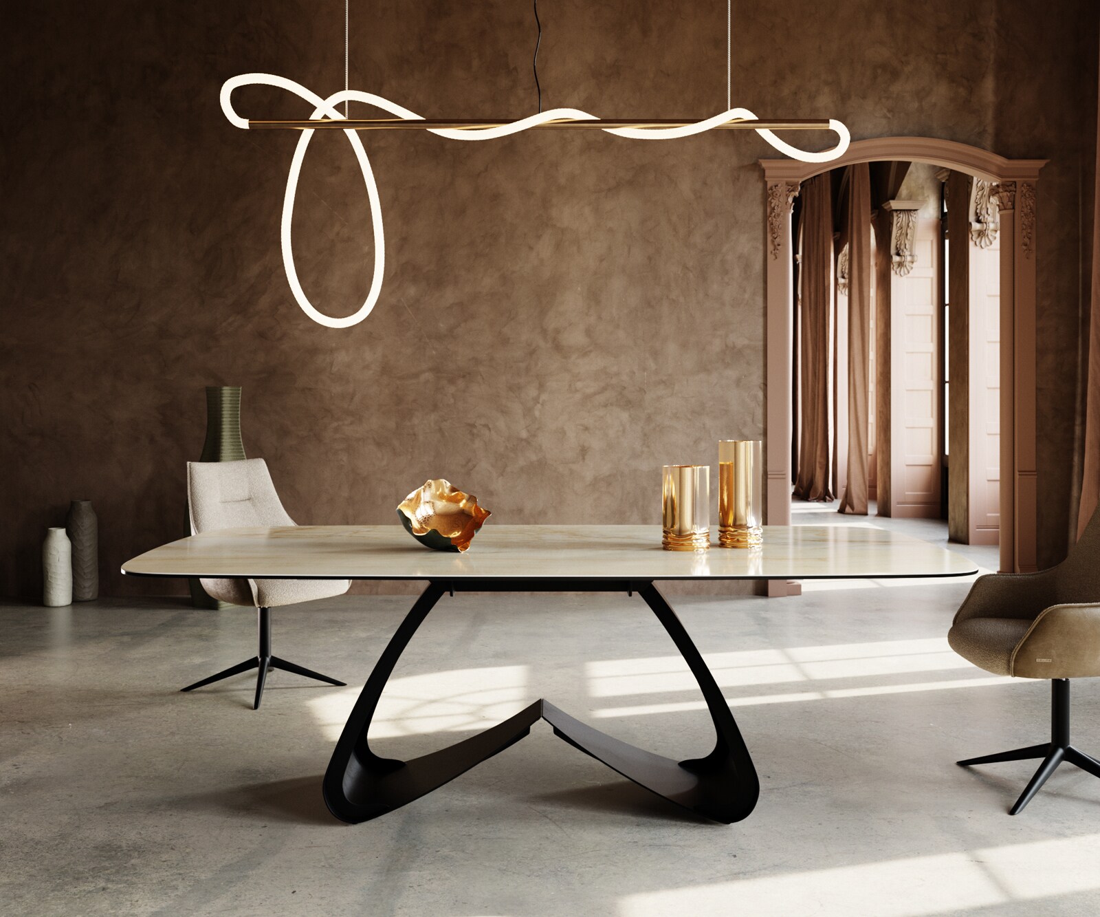 Table à manger Edge Boot 240x120 cm Céramique Iris FMG Onice Oro piètement en W Métal Noir 1