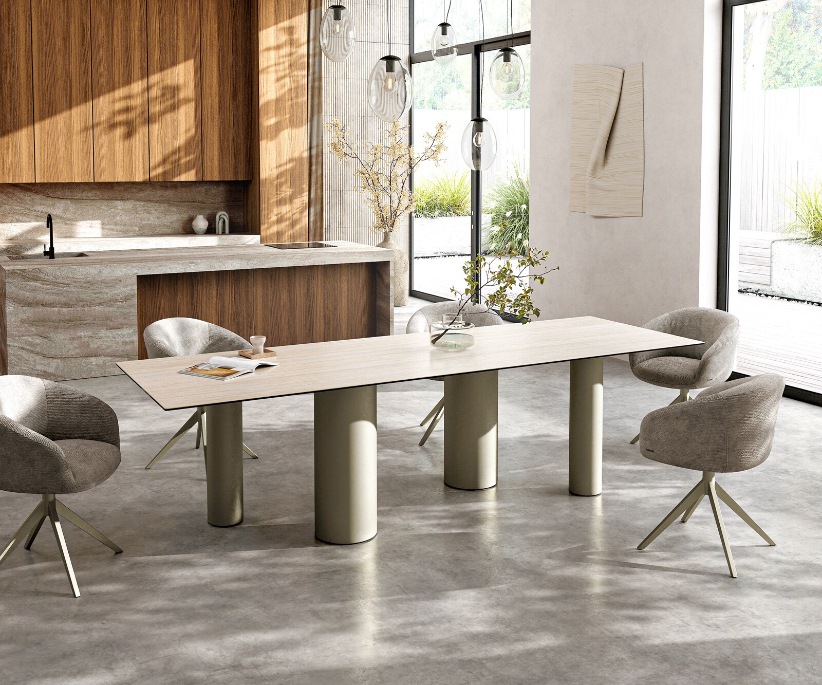 Table à manger Edge 300x100 céramique Laminam® Travertino Bianco crème-blanc Pilier métal effet finition titanee 6