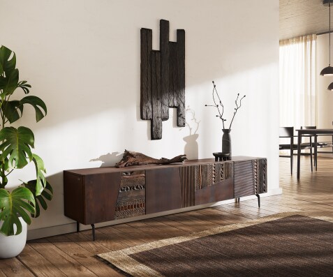 Meuble-TV Imara 200 cm brun manguier 4 portes pieds angulaires métal noir