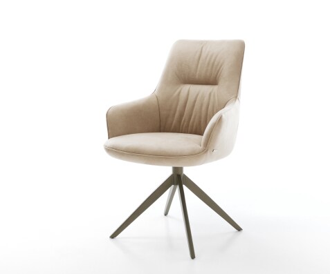 Chaise-pivotante Zelia-Flex avec accoudoirs microfibre beige vintage pied croisé large aspect titane pivotement sur 360° fonction bascule ressorts ensachés