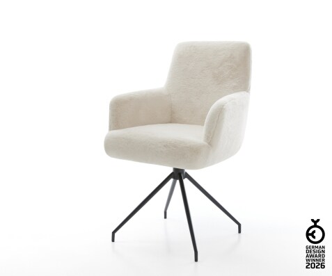 Chaise-de-salle-à-manger Heira-Flex avec accoudoirs peluche crème-blanc pied croisé conique noir resorts ensachés