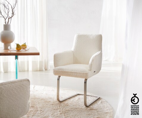 Cantilever Heira-Flex avec accoudoirs bouclé blanc pied cantilever plat acier inoxydable brossé ressorts ensachés