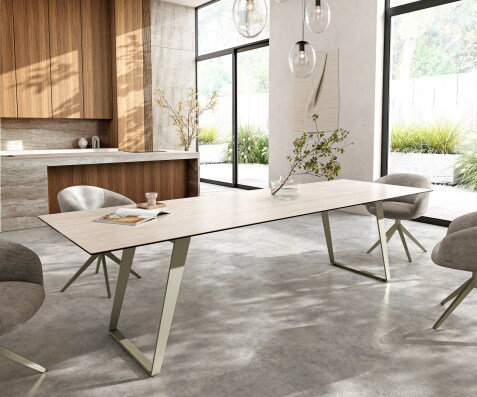 Table à manger Edge 300x100 cm Céramique Laminam®Travertino Bianco Creme-Blanc Métal Oblique Finition effet Titan
