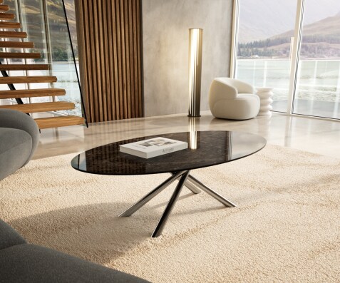 Table basse Edge ovale 140x80 cm céramique Emperador Extra Lucidato brun foncé Sarity acier inoxydable brossé