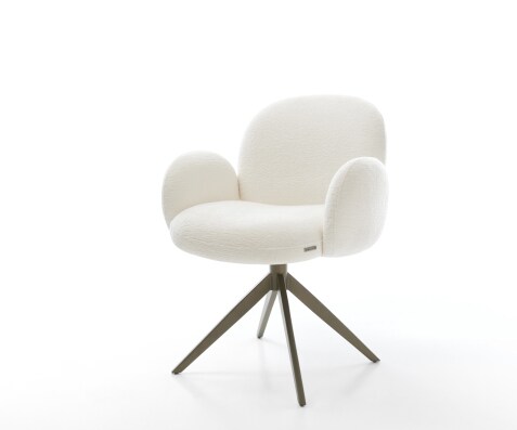 Chaise-pivotante Nube-Flex avec accoudoirs bouclé doux beige pied croisé large aspect titane pivotement sur 360° fonction bascule resorts ensachés