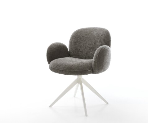 Chaise-pivotante Nube-Flex avec accoudoirs bouclé doux couleur boue pied croisé large blanc pivotement sur 360° fonction bascule resorts ensachés