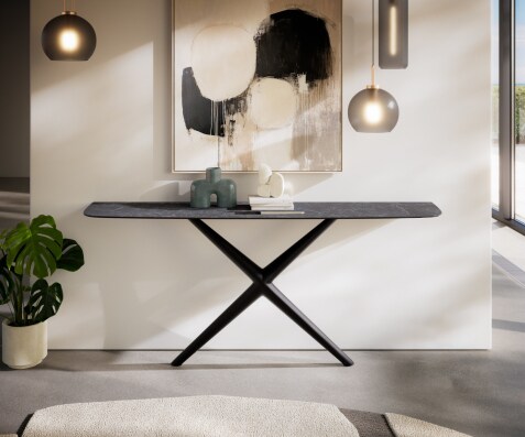 Console Edge forme bateau 180x40 cm Céramique Laminam® Nero Greco Anthrazit Estelo Métal Noir