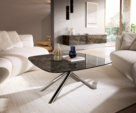 Table basse Edge bateau 90x90 cm céramique Emperador Extra Lucidato brun foncé Sarity acier inoxydable brossé