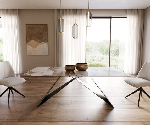 Esstisch Edge 200x100 Keramik Minas Melange Weiß-Beige V-Gestell Flachstahl Schwarz