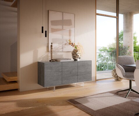 Sideboard Cuor 150 cm Keramik Beton Grau 3 Türen Fuß Schwebeoptik Acrylglas