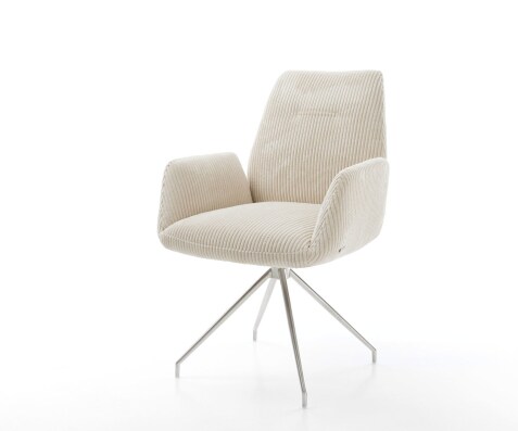Chaise-de-salle-à-manger Zoa-Flex côtelé beige vintage pied croisé conique acier inoxydable brossé ressorts ensachés