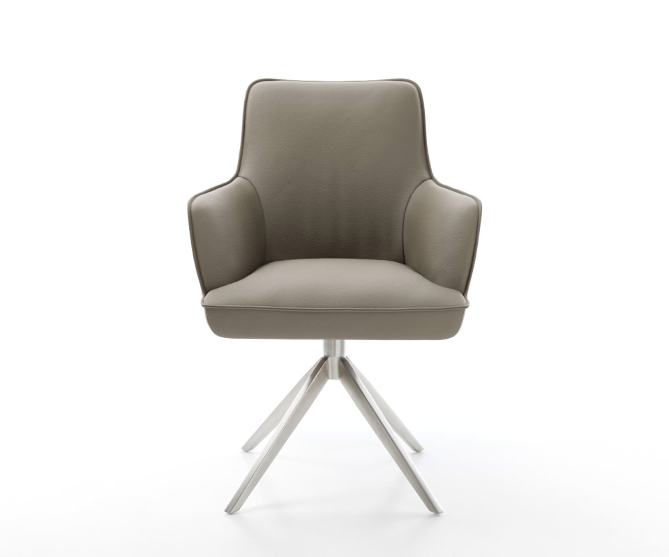 Chaise-pivotante Heira-Flex cuir de vache couleur boue pied croisé large acier inoxydable brossé pivotement sur 360° fonction bascule ressorts ensachés 2