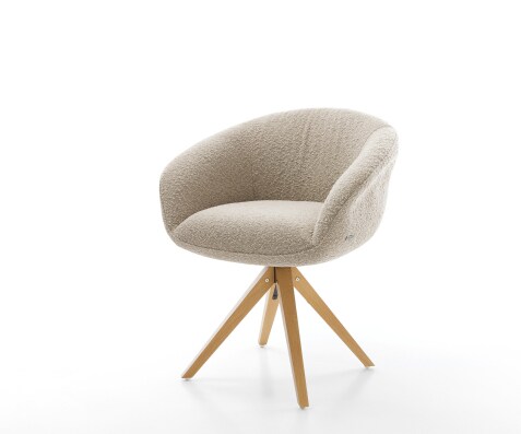 Chaise-pivotante Vinka-Flex avec accoudoirs bouclé boue pied en bois angulaire naturel pivotement sur 180° ressorts ensachés