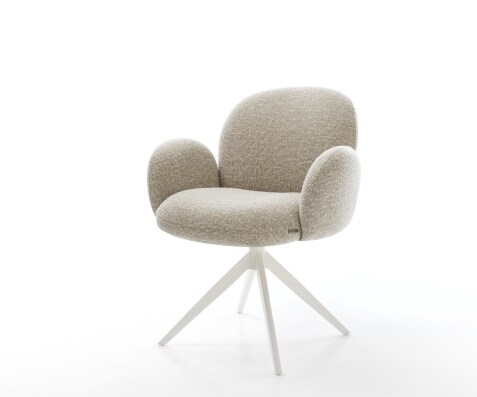 Chaise-pivotante Nube-Flex avec accoudoirs tissu tissé doux beige pied croisé large blanc pivotement sur 360° fonction bascule resorts ensachés