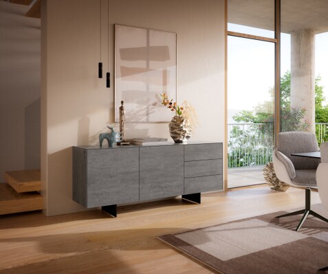 Sideboard Cuor 180 cm Keramik Beton Grau 2 Türen 3 Schubfächer Fuß Schwebeoptik Metall Schwarz