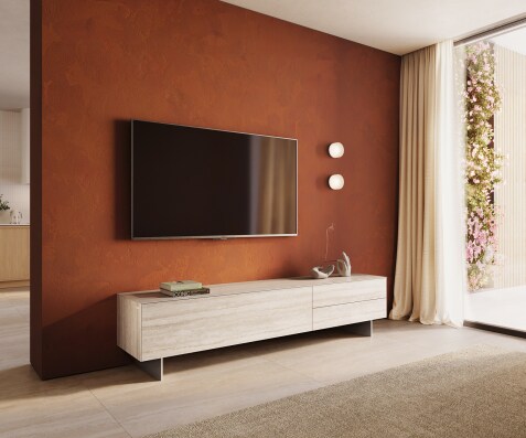 Lowboard Cuor 220 cm Keramik Laminam® Travertino Bianco Creme-Weiß 1 Klappe 2 Schubfächer Fuß Schwebeoptik Edelstahl