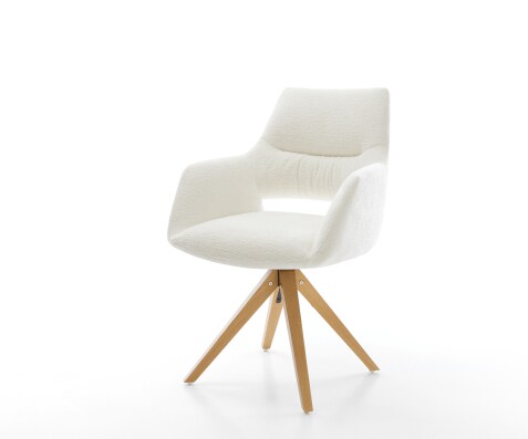Chaise-pivotante Yago-Flex avec accoudoirs bouclé doux beige pied en bois angulaire naturel pivotement sur 180° ressorts ensachés