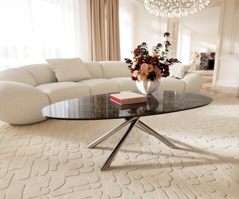 Table basse Edge ovale 140x75 cm céramique Emperador Extra Lucidato brun foncé Sarity acier inoxydable brossé
