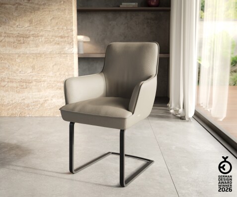 Cantilever Heira-Flex avec accoudoirs cuir de vache couleur boue pied cantilever plat noir ressorts ensachés