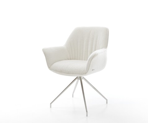Esszimmerstuhl Keila-Flex mit Armlehnen Bouclé Soft Beige Kreuzgestell konisch Edelstahl