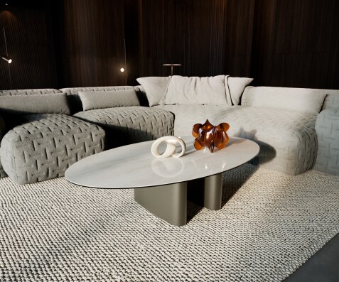 Couchtisch Edge Oval 135x80 cm Keramik Onyx Champagne Ovada Effektfinish Titan