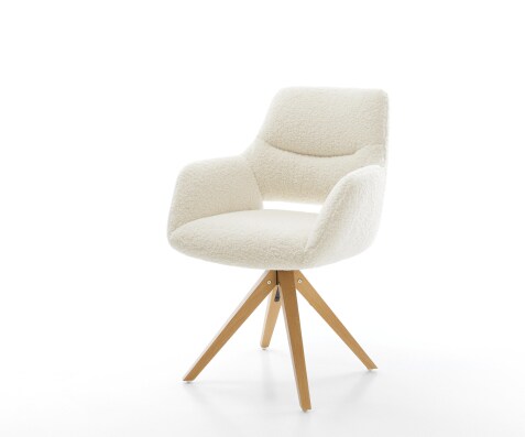 Chaise-pivotante Yago-Flex avec accoudoirs tissu teddy beige pied en bois angulaire naturel pivotement sur 180° ressorts ensachés