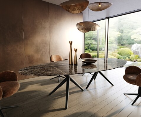 Esstisch Edge Oval 315x150 cm Keramik Emperador Extra Lucidato Dunkelbraun Estelar rund Metall Schwarz
