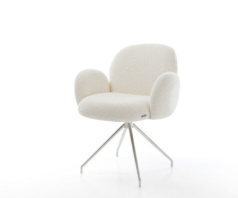 Chaise-pivotante Nube-Flex avec accoudoirs bouclé blanc pied croisé conique acier inoxydable brossé pivotement sur 180° ressorts ensachés